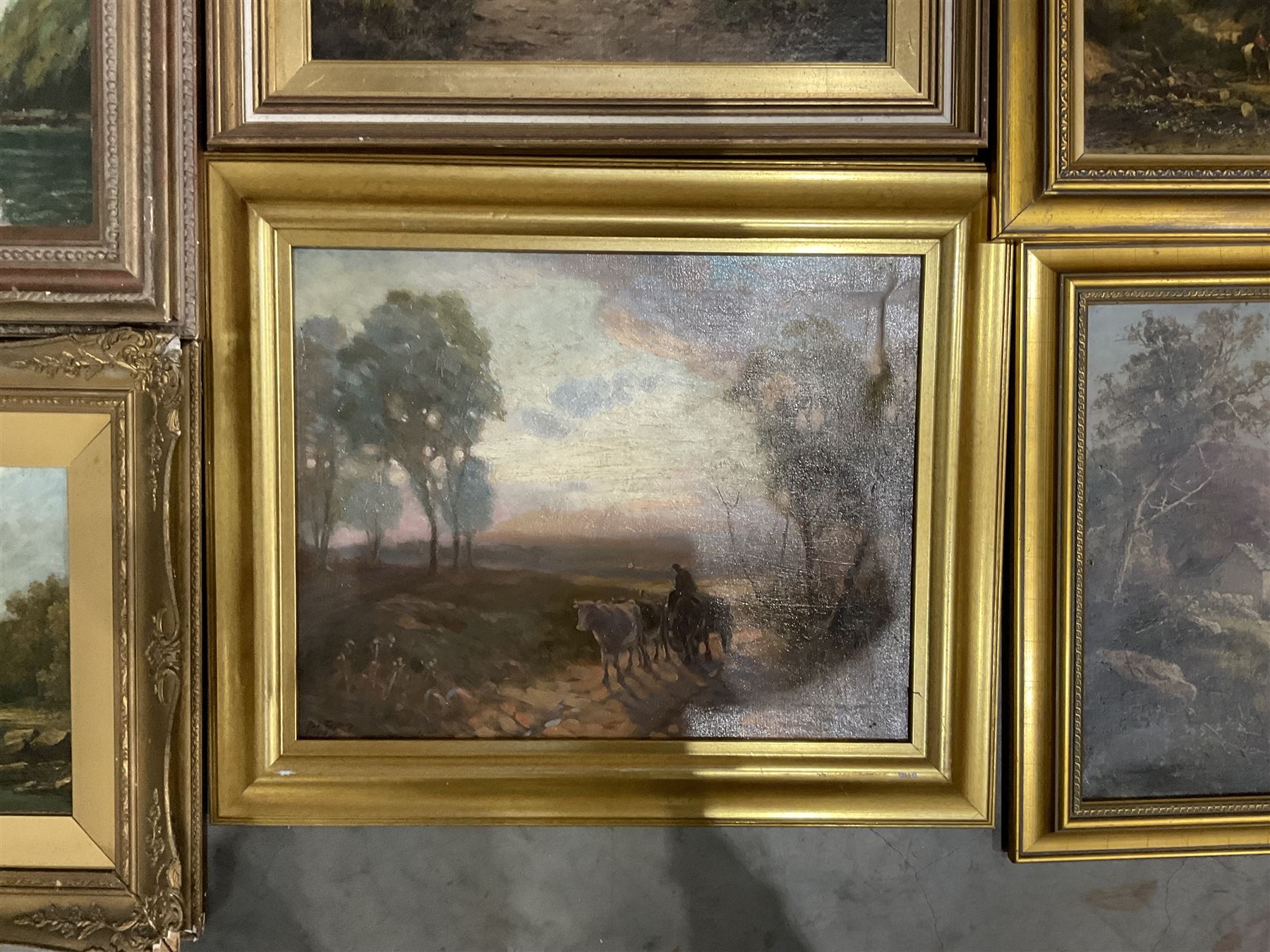 Tom Seymour (British 1840-1904): Riverside Cottage, oil on canvas signed, together with eight further landscape oils by other hands (9)