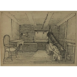 Henry Barlow Carter (British 1804-1868): The Artist's Cabin whilst serving in the Navy, pencil sketch unsigned 9cm x 12cm
Provenance: with Abbey Galleries Whitby, attributed by the artist's son Henry Vandyke Carter, label verso