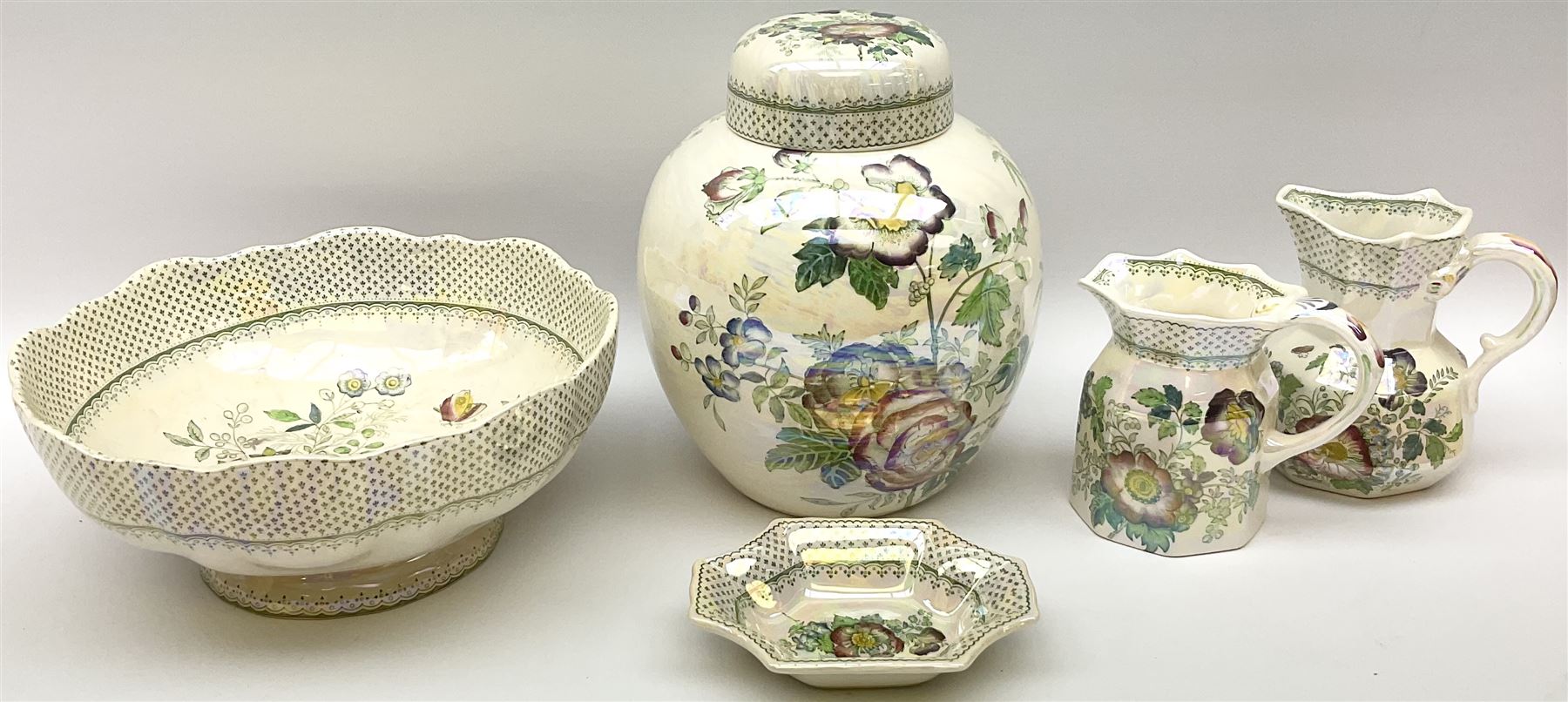 Five pieces of Masons Ironstone 'Paynsley' pattern lustre ware, comprising large ginger jar and cover, footed bowls, two jugs, and pin dish