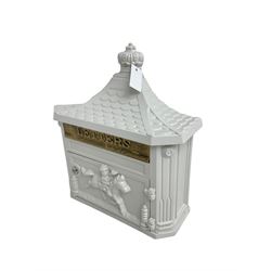 Classic design wall post box, tile design roof, hinged box with mounted jockey and horse, canted uprights and metal 'Letters' sign