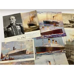 Sixty-five early 20th century postcards of passenger liners including White Star, Red Star, Atlantic Transport, Anchor, Cunard, Henderson, Booth, Union Castle, Holland America, Lamport & Holt, P. & O., New Zealand, Canadian Pacific, British India etc; and ten Edwardian postcards of Naval warships and officers (75)