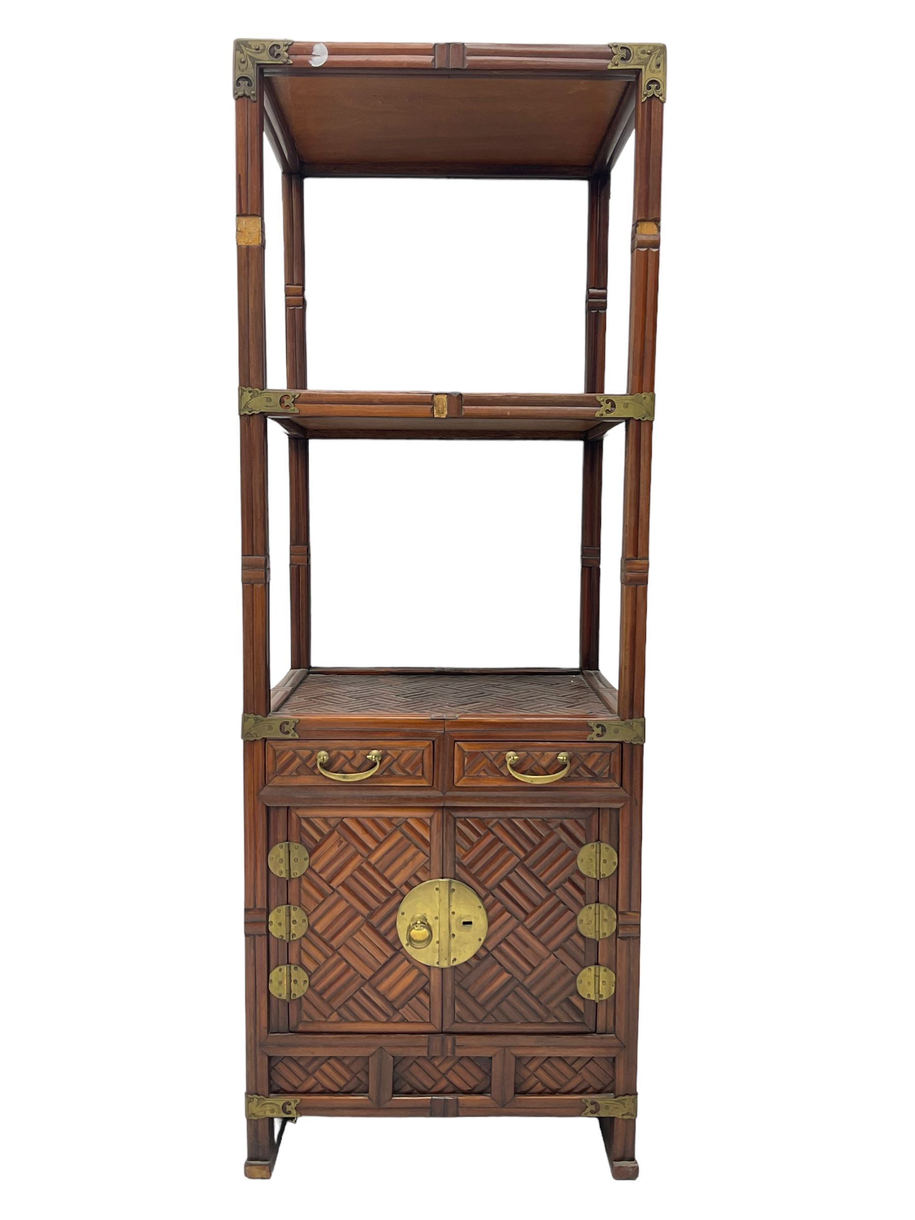 Chinese design bamboo and wood what-not or etagere, parquetry lattice-work bamboo, three tiers over two small drawers and cupboard