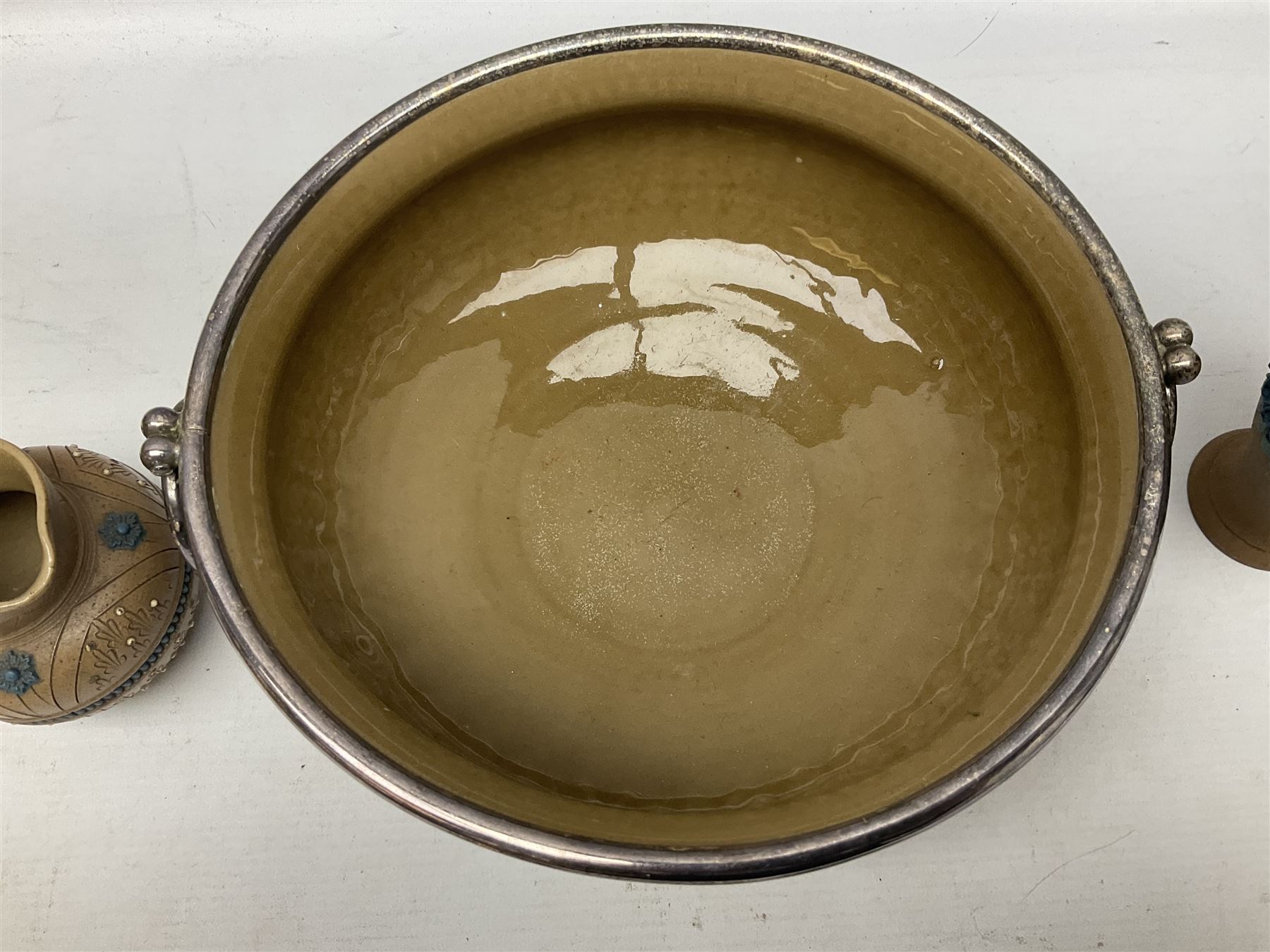 Five pieces of Doulton Lambeth silicon, comprising  salad bowl with plate mounted rim and handles, a pair of similar salad servers, vase and jug, jug H16cm