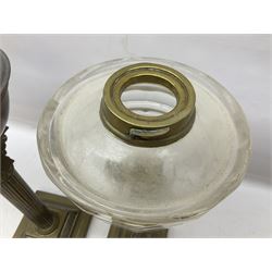 Two Victorian brass oil lamps, comprising a Corinthian column example with copper reservoir, and further Corinthian example upon stepped square base with clear glass reservoir, tallest H50cm