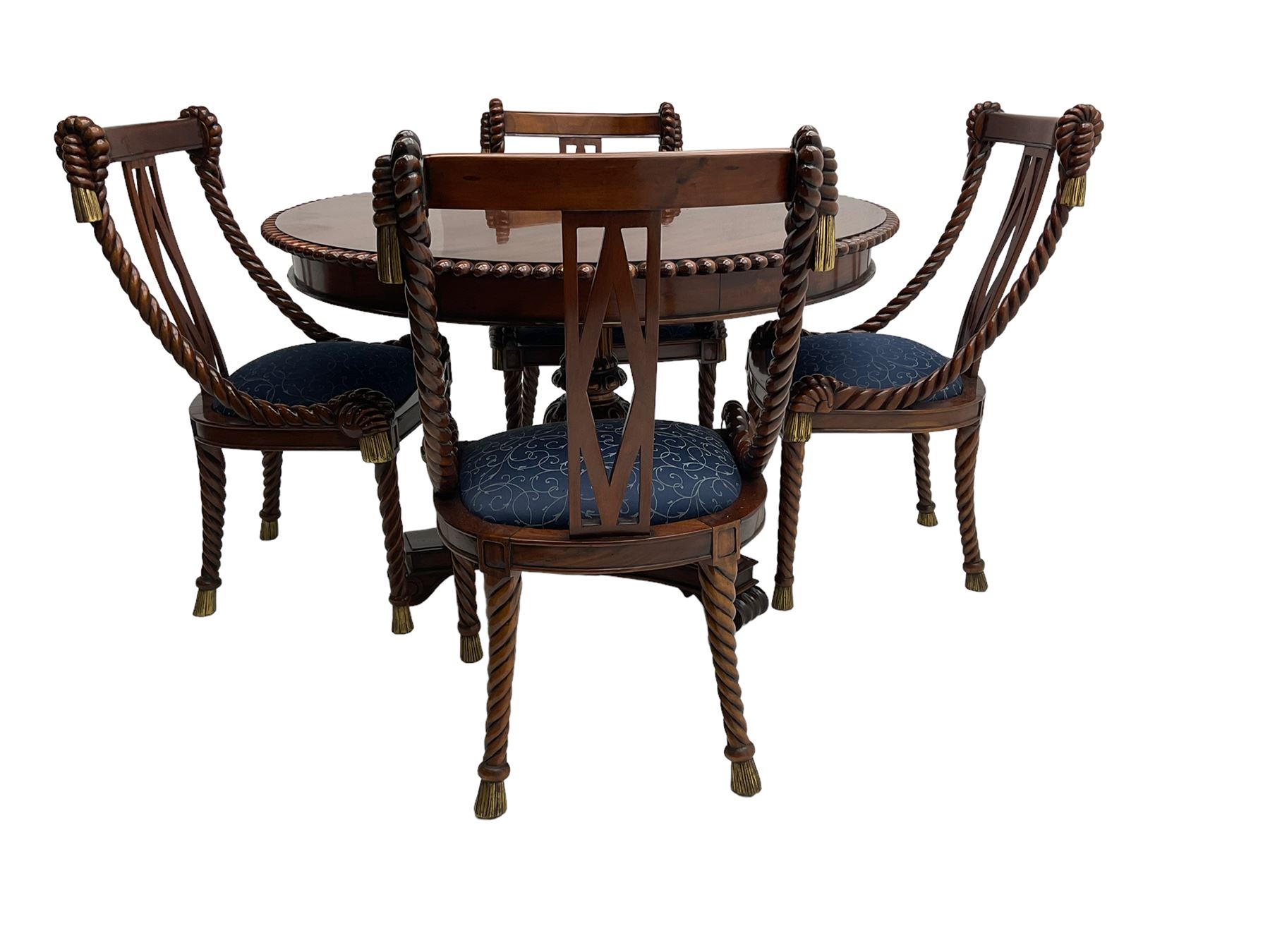 Regency style dining set - the table with circular tilt-top on turned and carved column, concaved triangular platform with three scroll carved feet, together with set four rope twist dining chairs with upholstered drop in seats