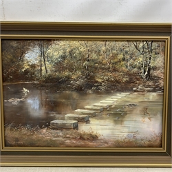 N C Hanson (British 20th century): 'Stepping Stones Throstle Nest Littlebeck' & a River scene, pair oils on board signed one titled verso 32cm x 47cm (2)