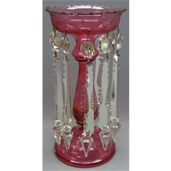  Victorian cranberry glass lustre with cut glass drops, H31cm   