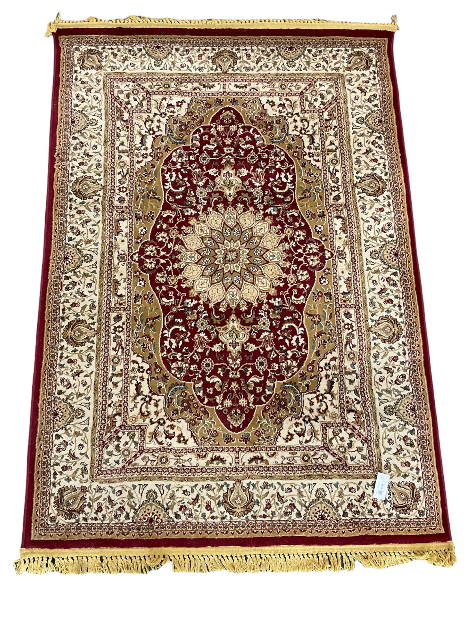 Persian design rug, red ground with central medallion, decorated with