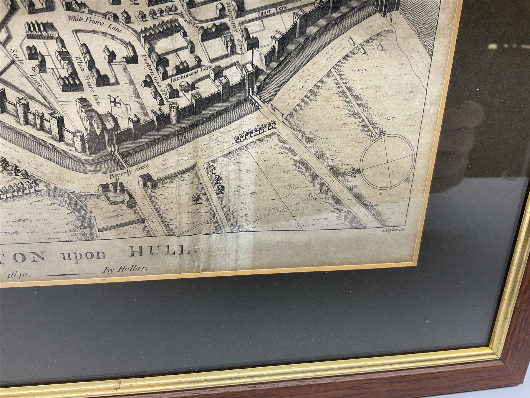 'Kingston-upon-Hull map as before 1640', After Wenceslaus Hollar from: Rev. John Tickell's The History of the Town and County of Kingston upon Hull; line engraving by Issac Taylor c1796; 20 x 27cm in modern frame