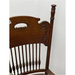 Colonial oak armchair with upholstered drop in seat, folding cake stand, umbrella stand