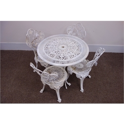  White finish wrought metal circular garden table (D80cm, H70cm) four matching chairs (5)  