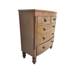 Late 19th century mahogany bow-front chest, fitted with two short drawers over three long drawers each with cockbeaded fronts, raised on turned feet