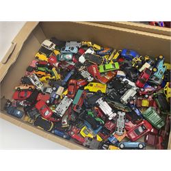 Quantity of play worn die-cast model cars, to include examples by Matchbox, Bburago, Solido etc, housed in various cases, two Bburago models of Ferraris, together with other die cast vehicles etc, in two boxes