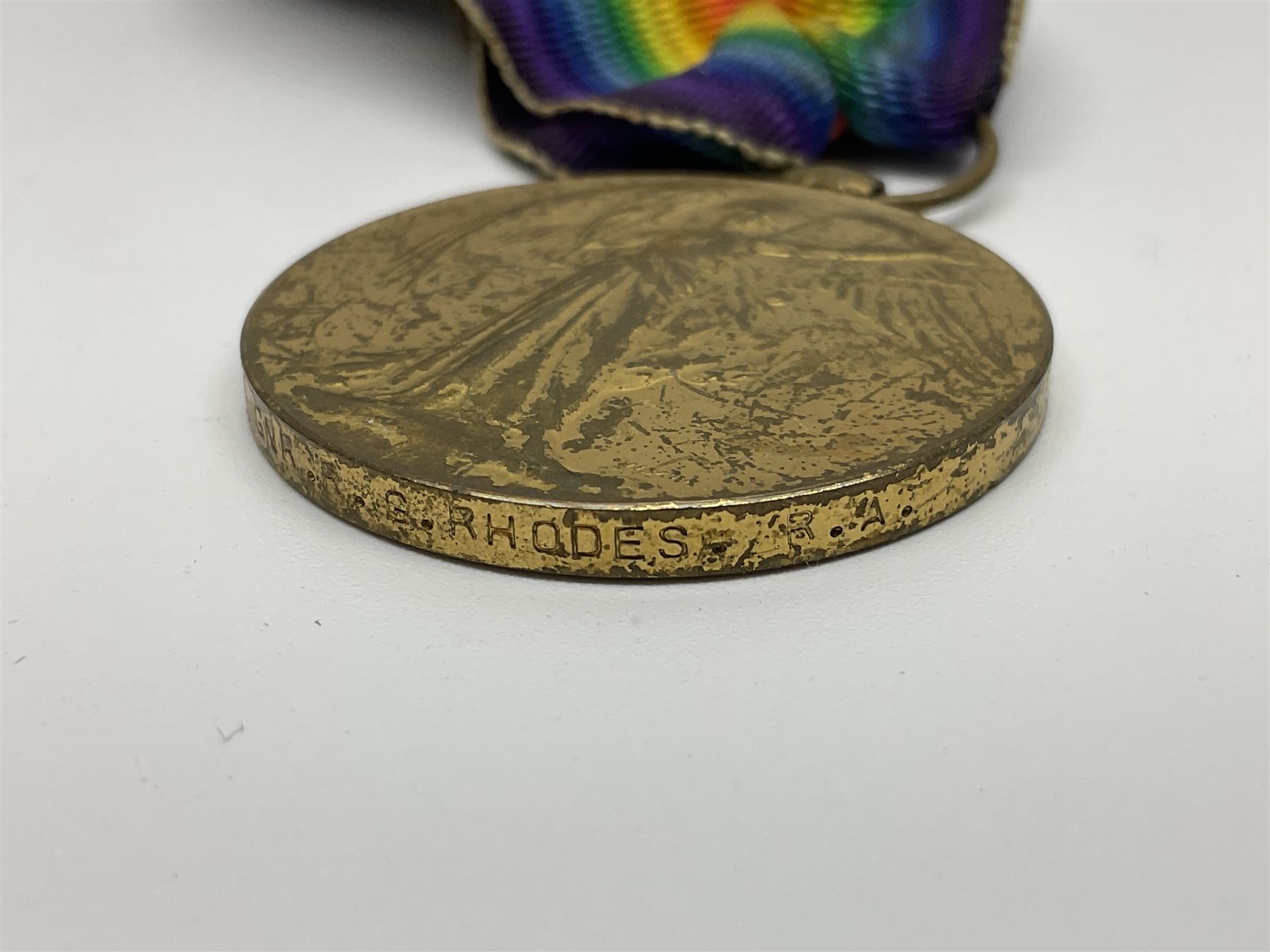 WW1 group of three medals comprising British War Medal, Victory Medal and 1914-15 Star awarded to 90434 Gnr. R.G. Rhodes R.F.A./R.A.; all with ribbons