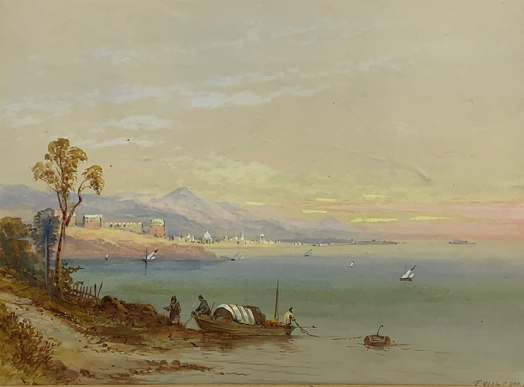 T Wilson (19th century): Middle Eastern Coastal scene, watercolour heightened in white signed and dated 1886, 24cm x 32cm 
Notes: Wilson was possibly a pseudonym of Edwin St. John