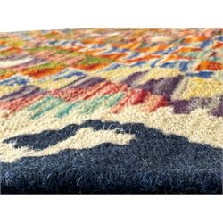Chobi Kilim flatweave rug, dark navy ground with a vibrant multicoloured diamond lattice, framed by stylised border motifs, braided corner tassels