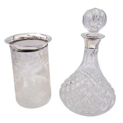 Modern silver mounted cut glass ships decanter, the silver collar hallmarked Charles S Green & Co Ltd, Birmingham 1976, H26.5cm, together with a modern silver mounted glass vase, of slightly tapering cylindrical form etched with ferns and fronds, the silver collar hallmarked London 2001, makers mark W W, H19cm, (2)