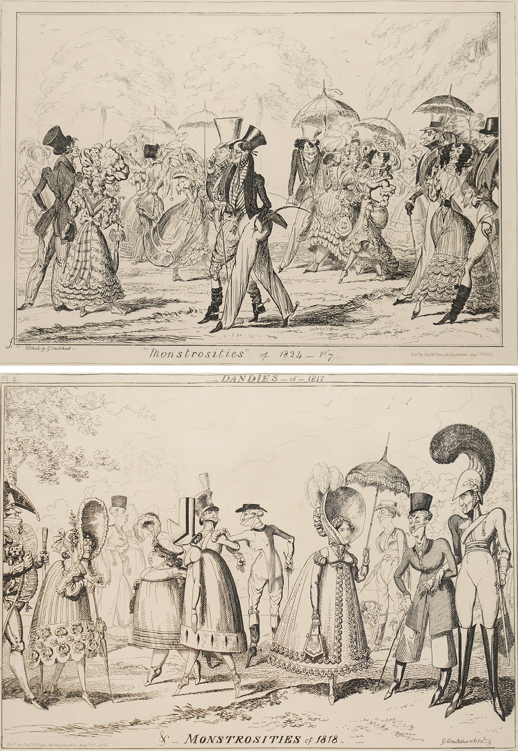 George Cruikshank (British 1792-1878): Monstrosities of 1824 and Monstrosities of 1818, pair of monochrome engravings max 24.5cm x 35cm (2)