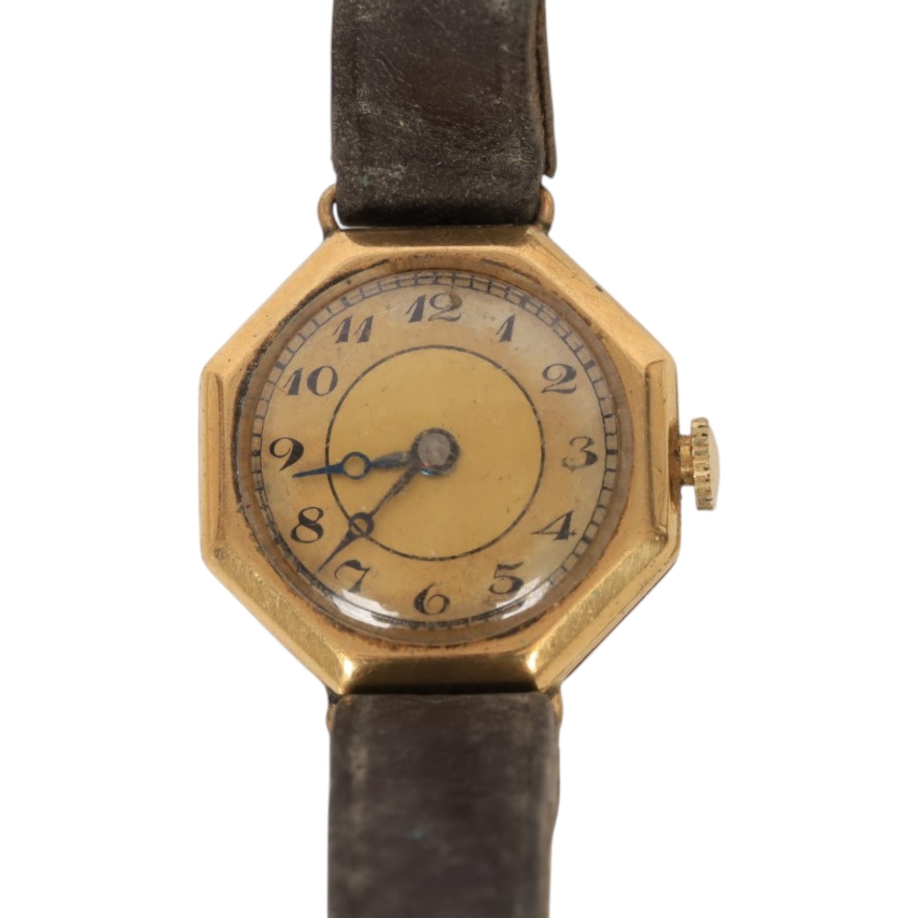 Five 9ct gold manual wind wristwatches, one on a 9ct rose gold expanding bracelet and an 18ct gold manual wind wristwatch, on brown leather strap