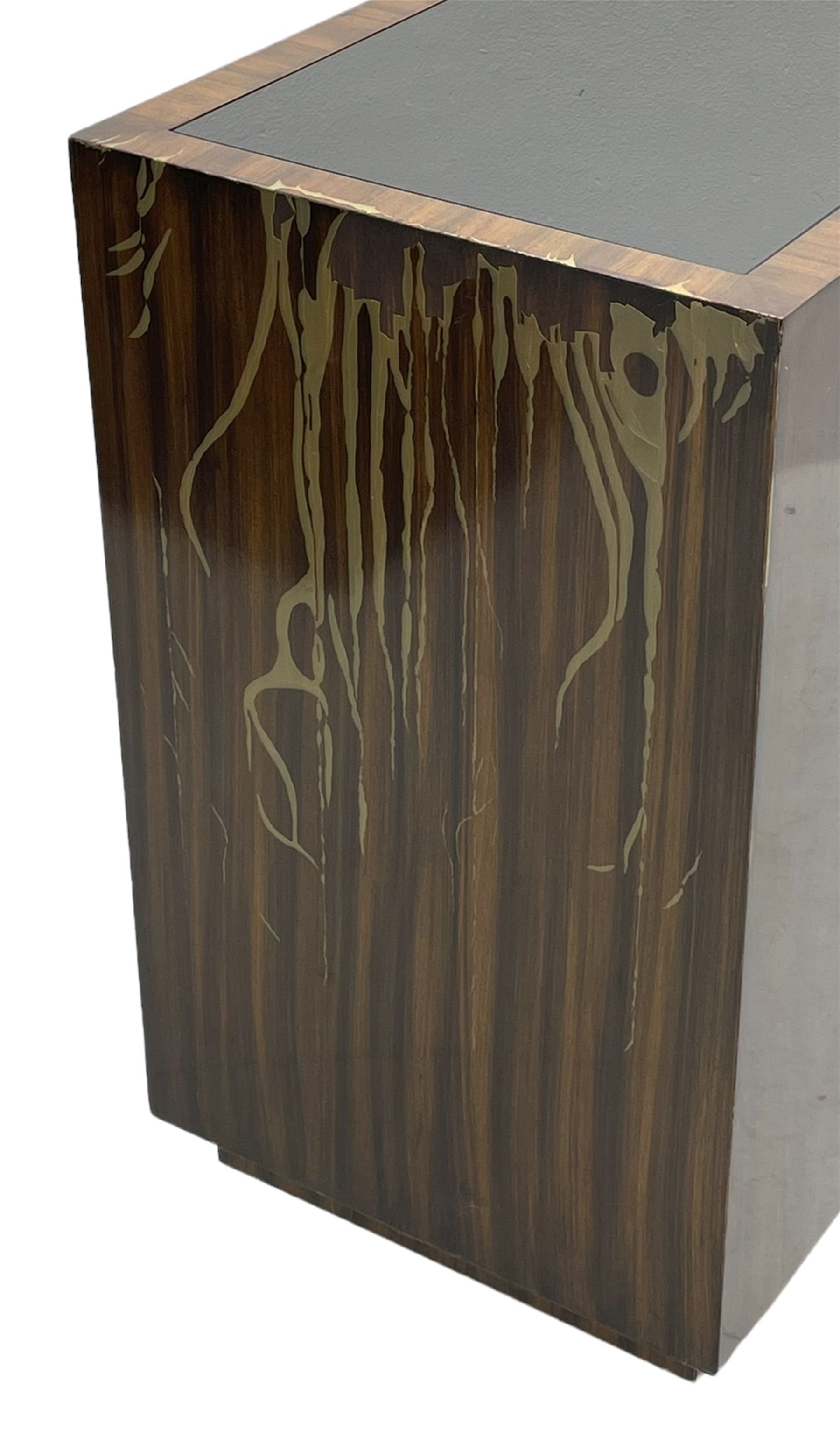 Ralph Lauren - pair 'Metropolis' Art Deco design end-tables, rosewood finish box frame with smoke glass inset, each fitted with cupboard, drawer and shelf