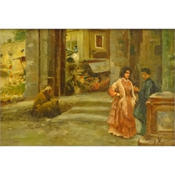  Vincenzo Migliaro (Italian 1858-1938): Figures in a Piazza, oil sketch on panel signed, inscribed verso 13cm x 19cm  