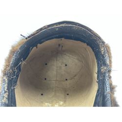 French Grenadier's bearskin hat, the embossed brass plate with crowned eagle, flaming grenades and arrow flashes; leather headband and traces of manuscript label internally