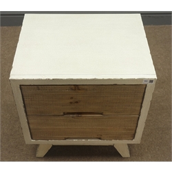  A rustic waxed paint finish and reclaimed pine two drawer bedside chest, W50cm, H56cm, D40cm  