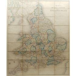 John Betts (British 19th century): 'Betts's New Railway and Commercial Map of Enland & Wales', enraved map witl later hand-colouring pub. 1847 formed as 36 sheets mounted onto linen 92cm x 76cm overall