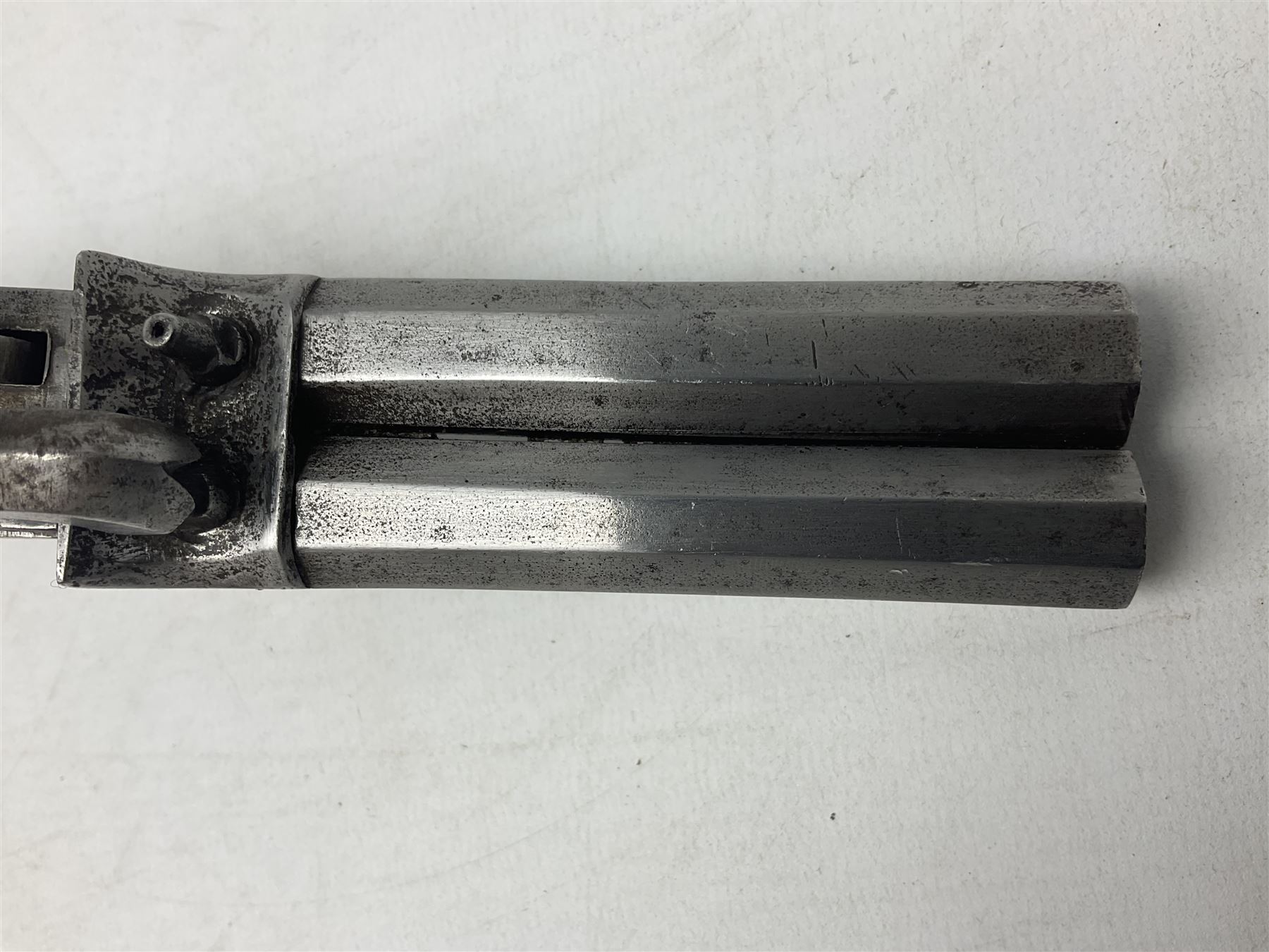 19th century Belgian double barrel side by side percussion pistol, approximately 40 calibre, with 8cm octagonal barrels, and wooden stock L22cm