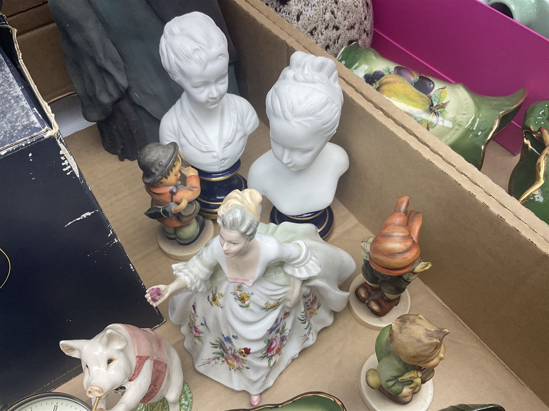 Beswick figure Matthew the trumpet playing pig, together with Royal Doulton figure Diana HN2468, a pair of Limoges busts and other collectables  