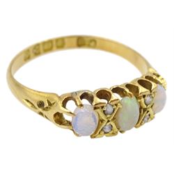 Early 20th century three stone opal ring, with diamond accents set between, Chester 1914