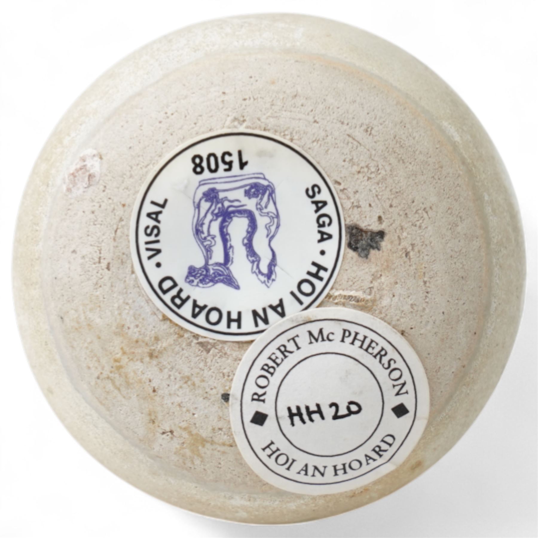 Mid to late 15th century Vietnamese blue and white stoneware water dropper, from the Hoi An Hoard, in the form of an aubergine, Robert McPherson stickers to base, H6.5cm 