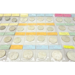  Collection of mostly silver Austrian coinage including twenty-three silver 100 schilling coins, twenty-four silver 50 schilling coins, two 1982 500 schilling silver coins, various 25 schilling silver coins,  Austria proof coinage 1970, in plastic wallet etc, housed in coin album pages  