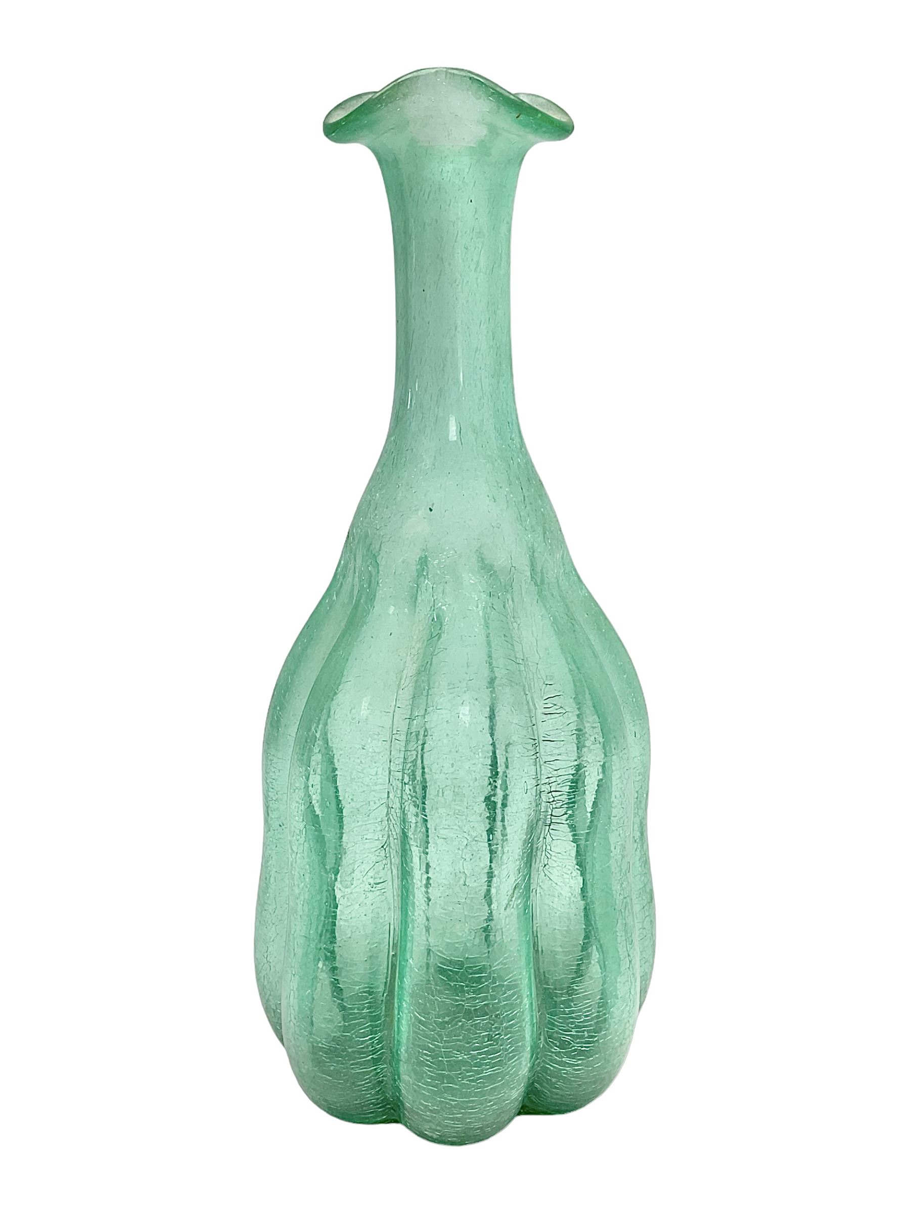 Murano green glass vase in the style of Barovier and Torso, the crackle design styled as a gourd with a fluted rim, H32cm