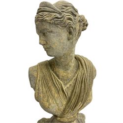 Classical design cast stone female bust depicting Artemis, raised on fluted Corinthian column with acanthus leaf capital, stepped square base, looking right 