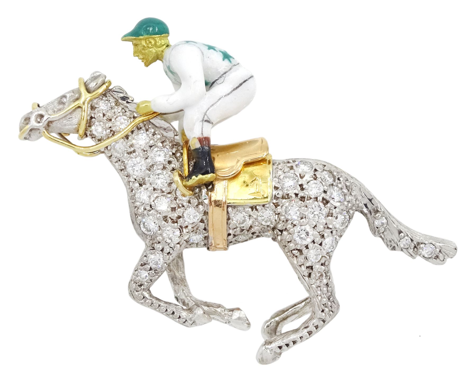 18ct gold diamond and enamel jockey brooch by Alabaster & Wilson, the galloping racehorse with pave set single cut diamonds, the jockey with green and white star colours, Birmingham 2004