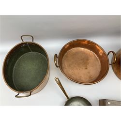 Victorian copper stock pot, of cylindrical form with lid and swing handle, not including handles H24cm, together with two twin handled copper pans of oval form, small copper frying pan, and copper finished jelly mould, plus a 19th century box with mother of pearl inlay to hinged cover