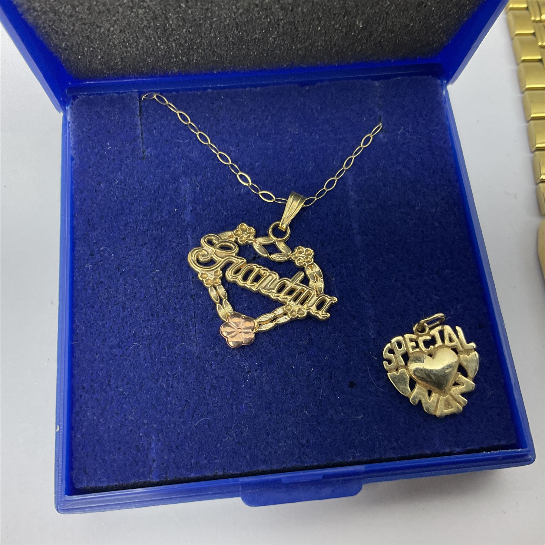 9ct gold 'Grandma' necklace and 'Special nan' pendant, Pinnacle open face gold plated pocket watch, Seiko quartz wristwatch and silver jewellery including Victorian brooches, etc