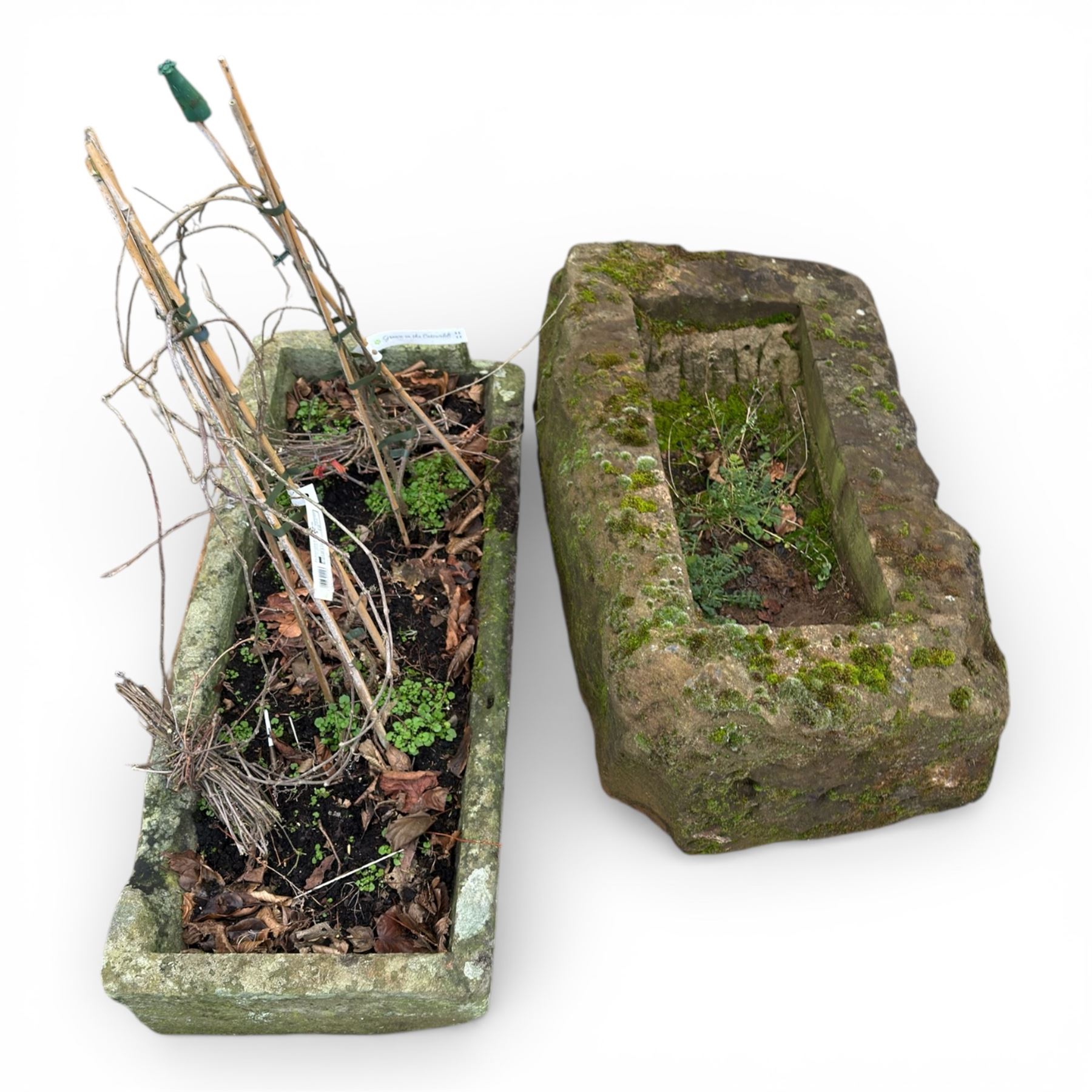Two 19th century hewn stone planters, one planted