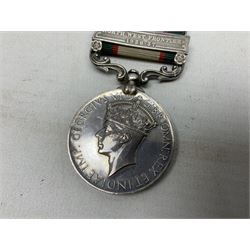 George VI India General Service Medal with North West Frontier 1936-37 clasp awarded to Bearer Khan Akbar 2-Border R.; with ribbon