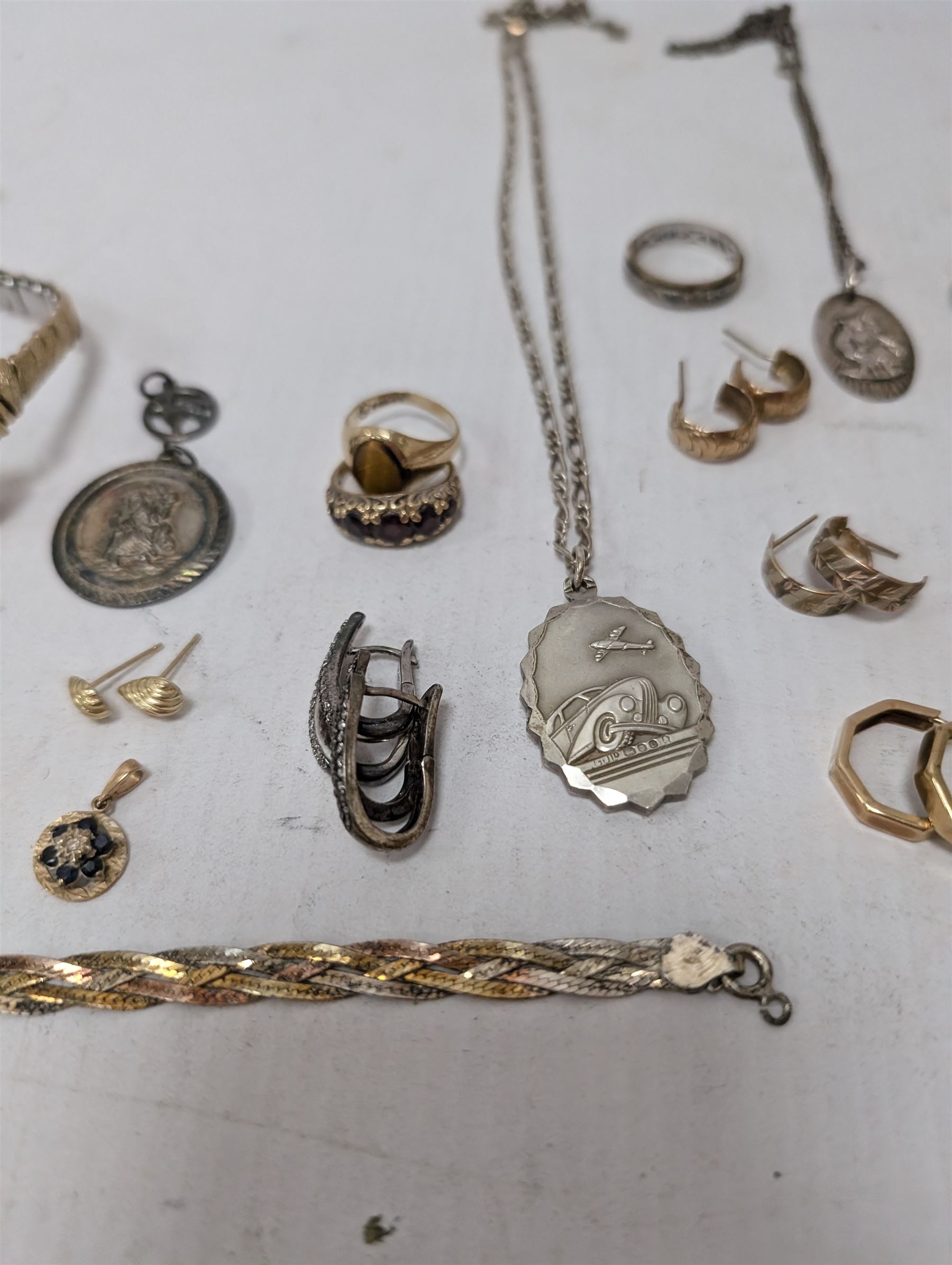 Georg Jensen silver St Christoper's pendant, 9ct gold jewellery including earrings and stone set ring, cameo, silver jewellery and a 9ct gold wristwatch, on expanding gilt strap