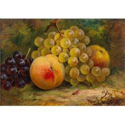 George Spencer (British 19th Century): Still Life of Fruits on a Bed of Grass, pair of oils on canvas board max 16.5cm x 24cm (2)