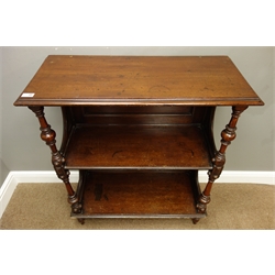  Victorian walnut three tier whatnot, rectangular moulded top, panelled back, turned supports, W84cm, H97cm, D36cm  