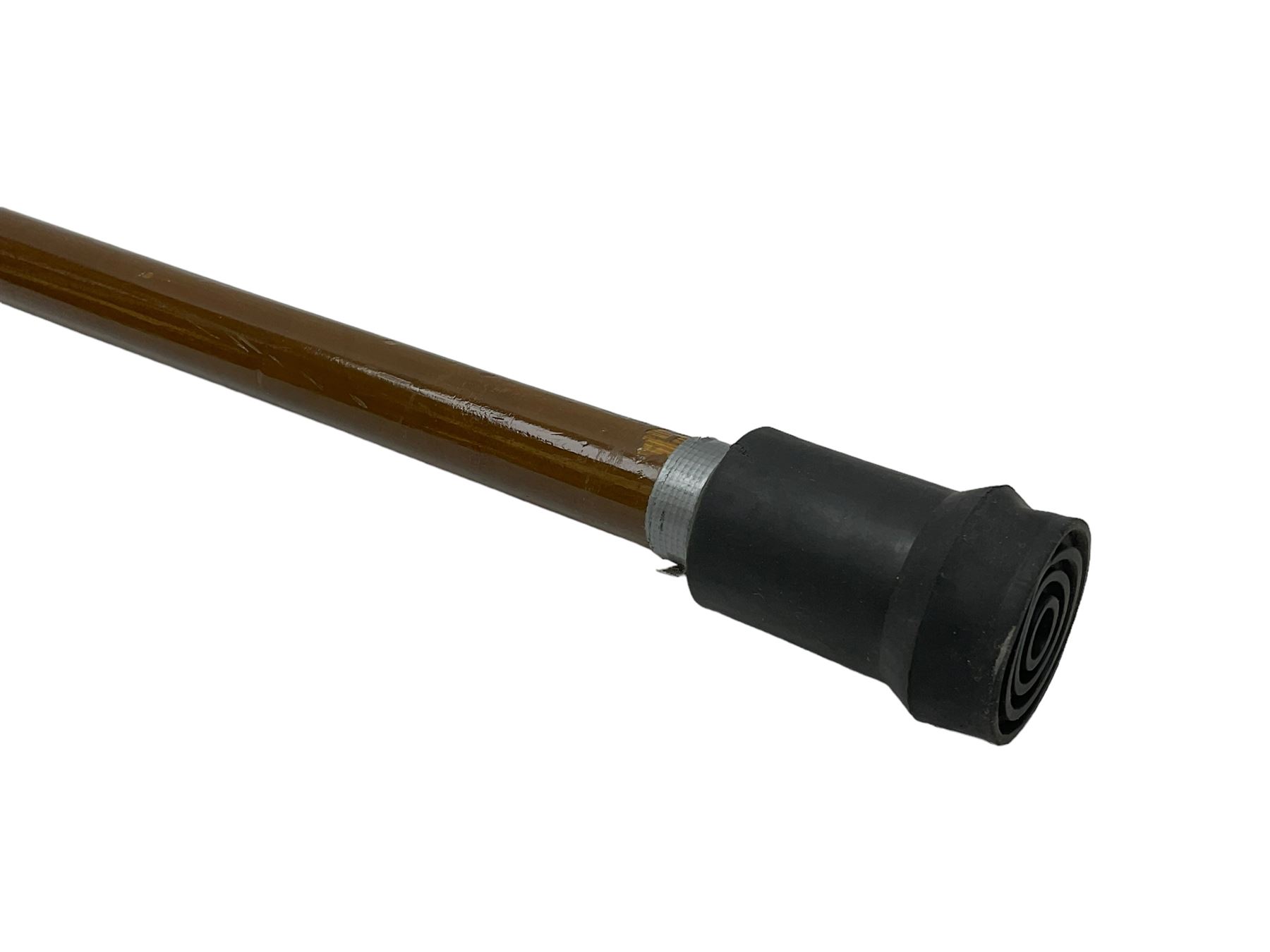 Swedish 1920s wooden walking cane, the curved silver mounted handle with personal engraving, marked for Guldsmeds Aktiebolaget, Sweden 1927, L90cm