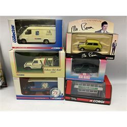 Corgi - eighteen modern die-cast models including racing cars, Land Rovers, Thornycroft Box Van, Ford Transit and Bedford Vans, Minis, Last Routemaster bus, two Trackside DIYCAST sets etc; all boxed (18)