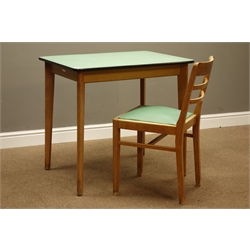  1950s/60s 'Remploy' table, rectangular light green laminate top, on tapered beech supports (81cm x 61cm, H75cm), and a similar period chair  