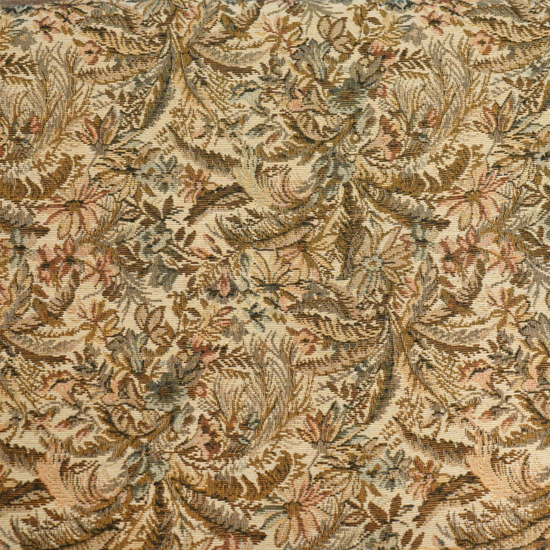 Edwardian marquetry inlaid mahogany salon settee, with bowed top rail and pierced splat back featuring central classical urn flanked by oval floral medallions, floral upholstered seat on boxwood strung square tapering legs terminating in spade feet