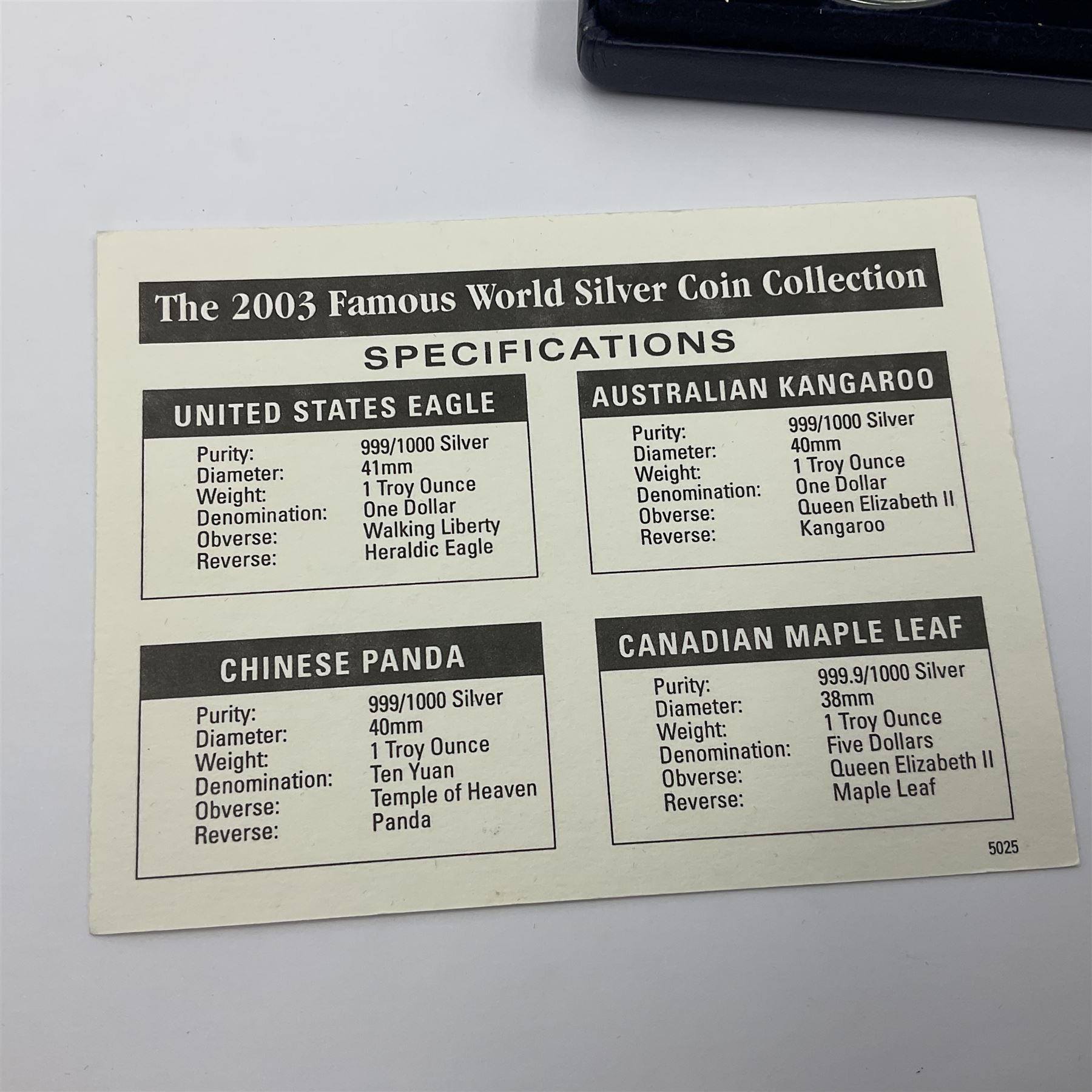 Four one ounce fine silver coins, forming 'The 2003 Famous World Silver Coin Collection', comprising United States eagle, Australian kangaroo, Chinese panda and Canadian maple leaf, cased with Westminster certificate 