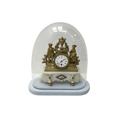 French - late 19th century gilt spelter and alabaster 8-day timepiece mantle clock, drum movement housed in a spelter case with decorative figures in 18th century costume depicting a Galant and Lady, case supported on a white alabaster base with baluster pillars and scroll side pieces, white enamel dial with Roman numerals and steel moon hands, standing under a glass dome resting on a fabric covered wooden base. With pendulum & Key. 