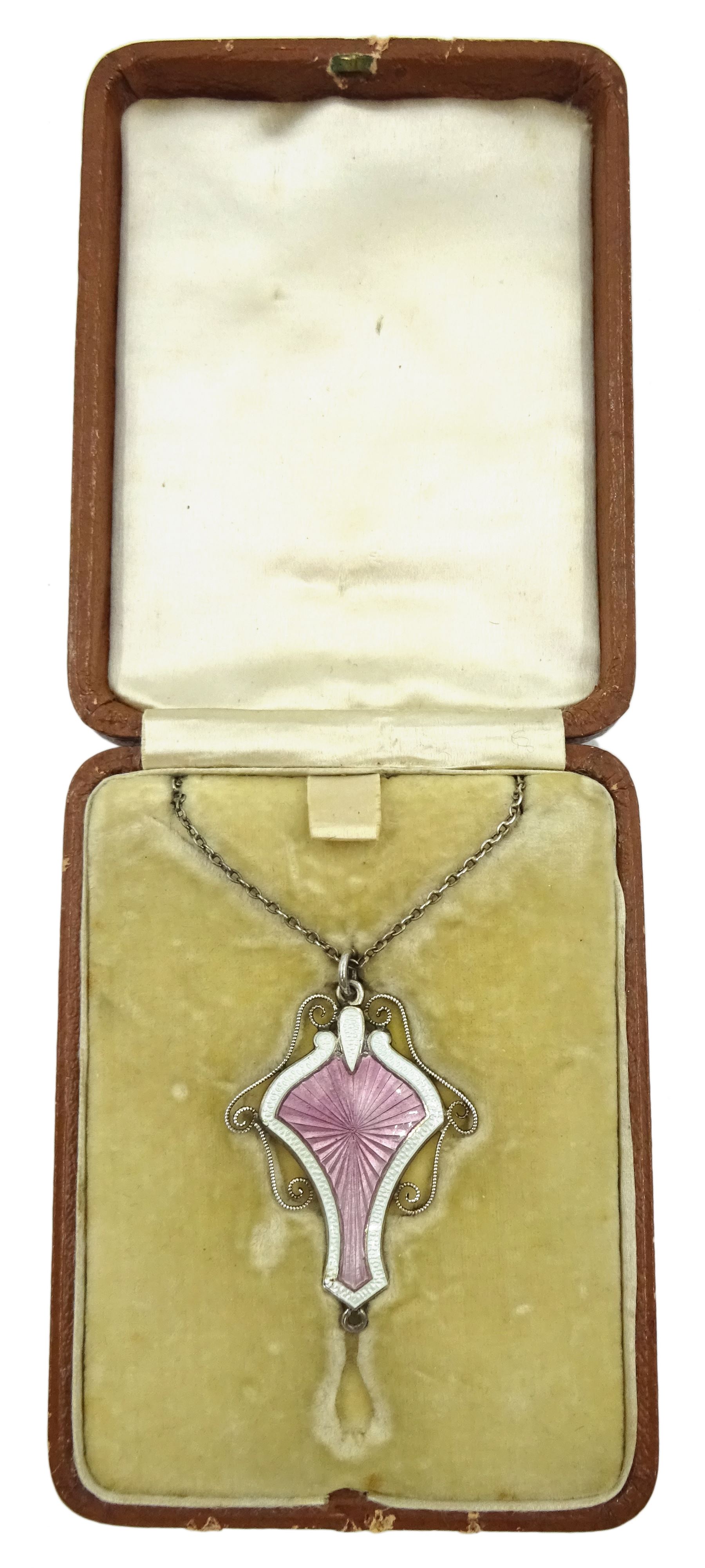 Art Nouveau silver pink and white guilloche enamel pendant necklace by J Aitkin & Son, Birmingham 1910, in original silk and velvet lined tooled leather fitted case